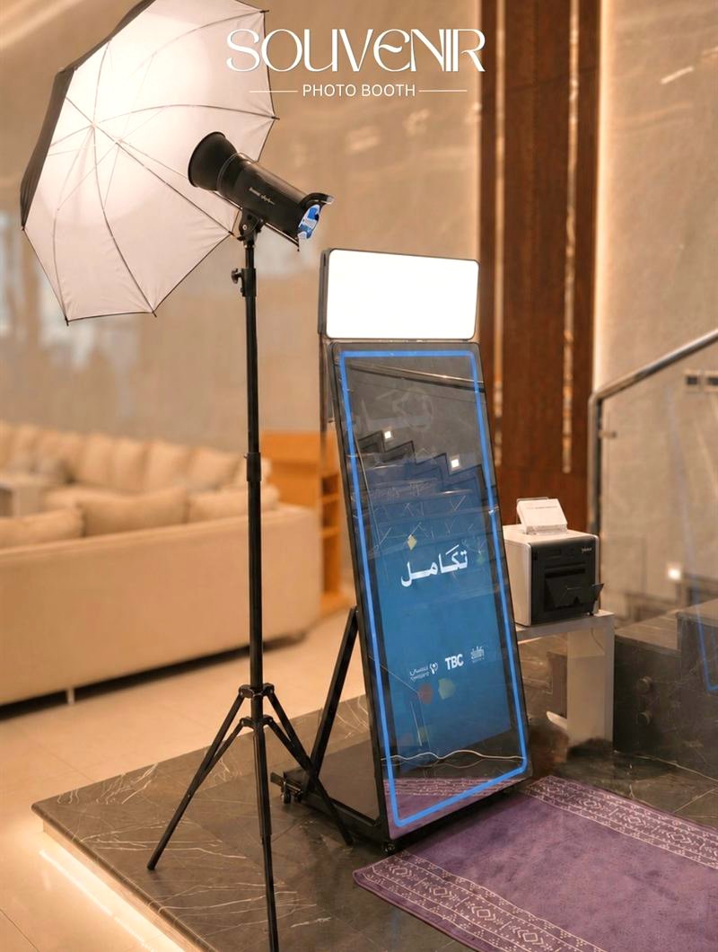 Booth set up in a bright marble hall