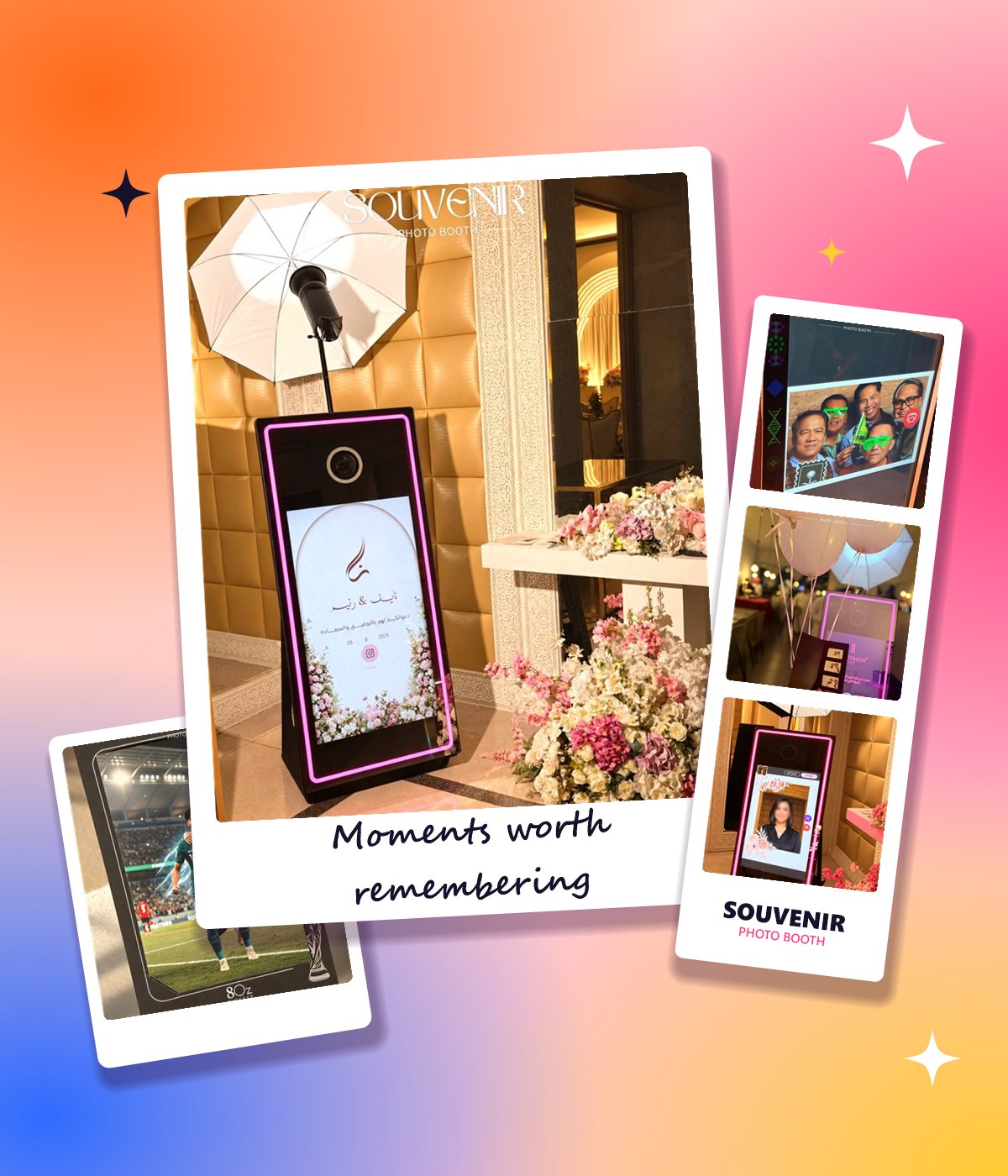 Collage of Souvenir photo booth moments: a wedding mirror booth, a photo strip and a printed football keepsake